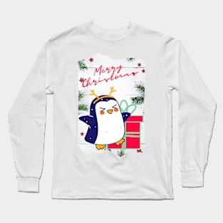 Merry Christmas Penguin with Christmas Present Long Sleeve T-Shirt